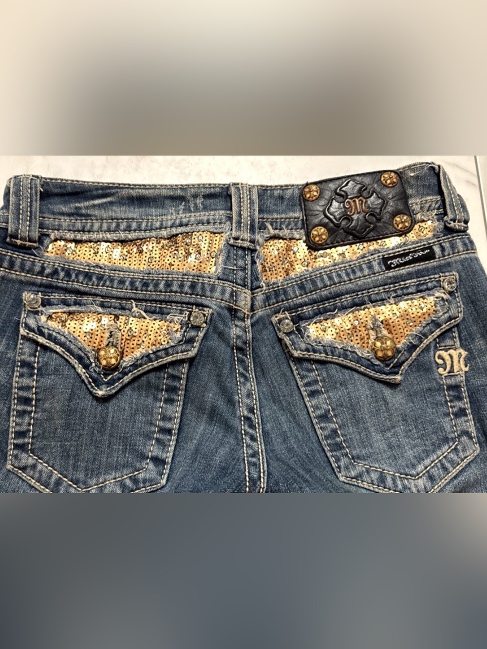 Miss Me Straight Jeans Womens 26 Blue Denim Embellished Bling Sequins Low